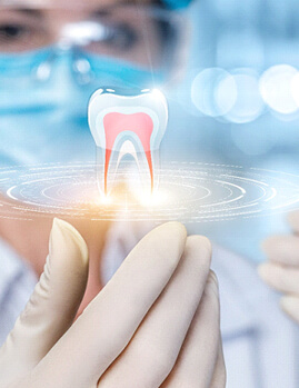 Tooth graphic floating above gloved hand, illustrating advanced dental technology in Dallas