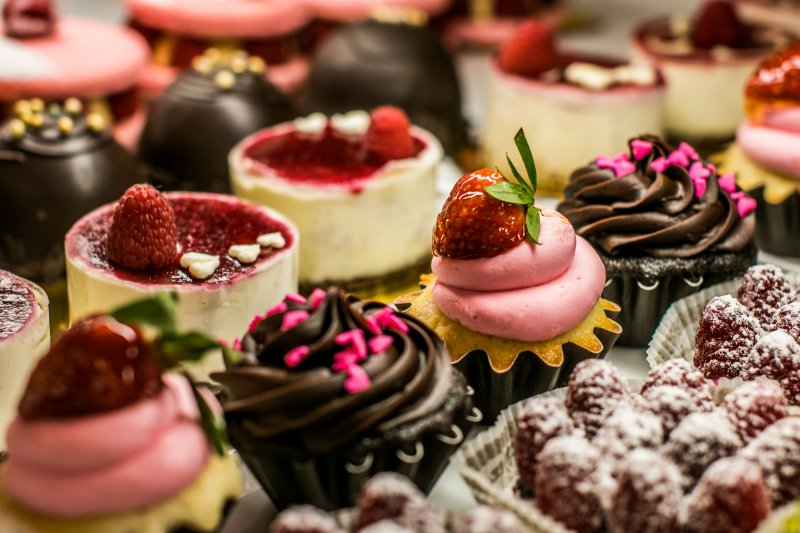 Assortment of desserts in bakery case