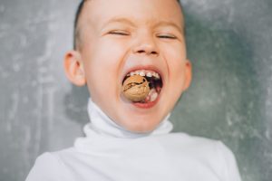 A little boy in a white turtle neck biting a walnut to crack it open