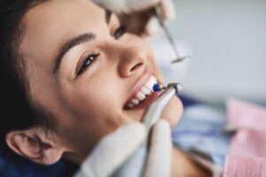 Patient having her teeth cleaned. 